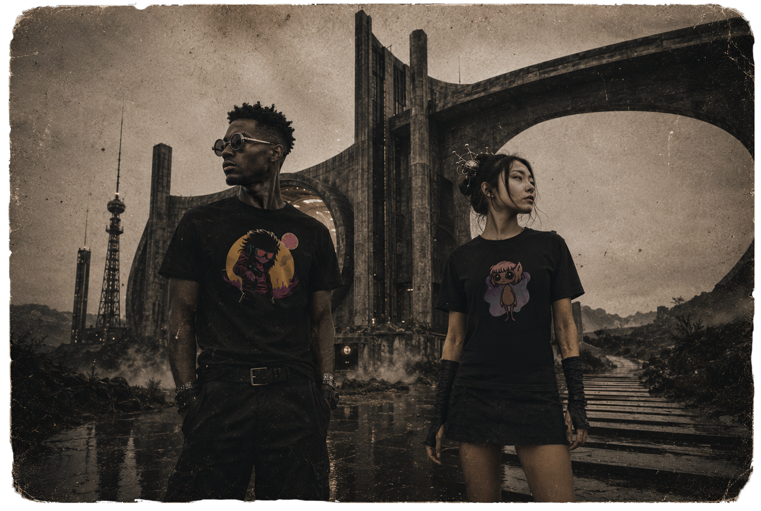 A female model in a black T-shirt walking through a lost retro-futuristic Atrium landscape.